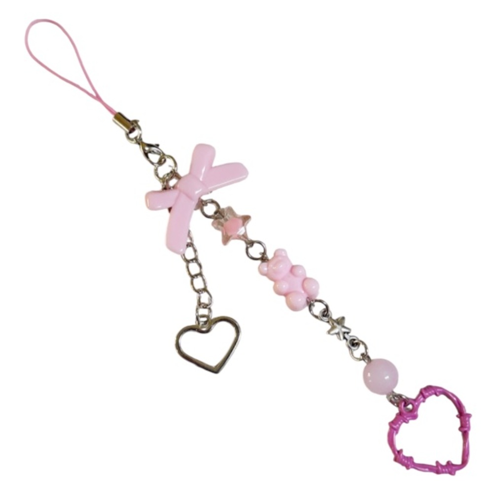 Pink silver bow heart gummy bear phone charm 7”